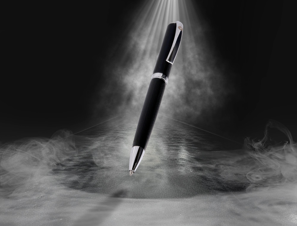 STYLO-BILLE ETUI SIMILI CUIR BELIUS TURBO ALUM. TEXTURE POINTILLEE ATTRIBUTS ARGENT ENCRE BLEUE COL. NOIR COFFRET CADEAU
