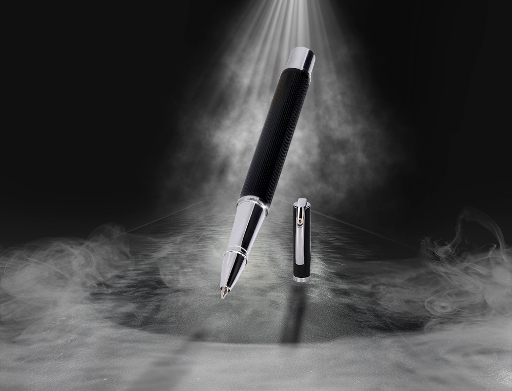 STYLO-BILLE ETUI SIMILI CUIR BELIUS TURBO ALUM. TEXTURE POINTILLEE ATTRIBUTS ARGENT ENCRE BLEUE COL. NOIR COFFRET CADEAU