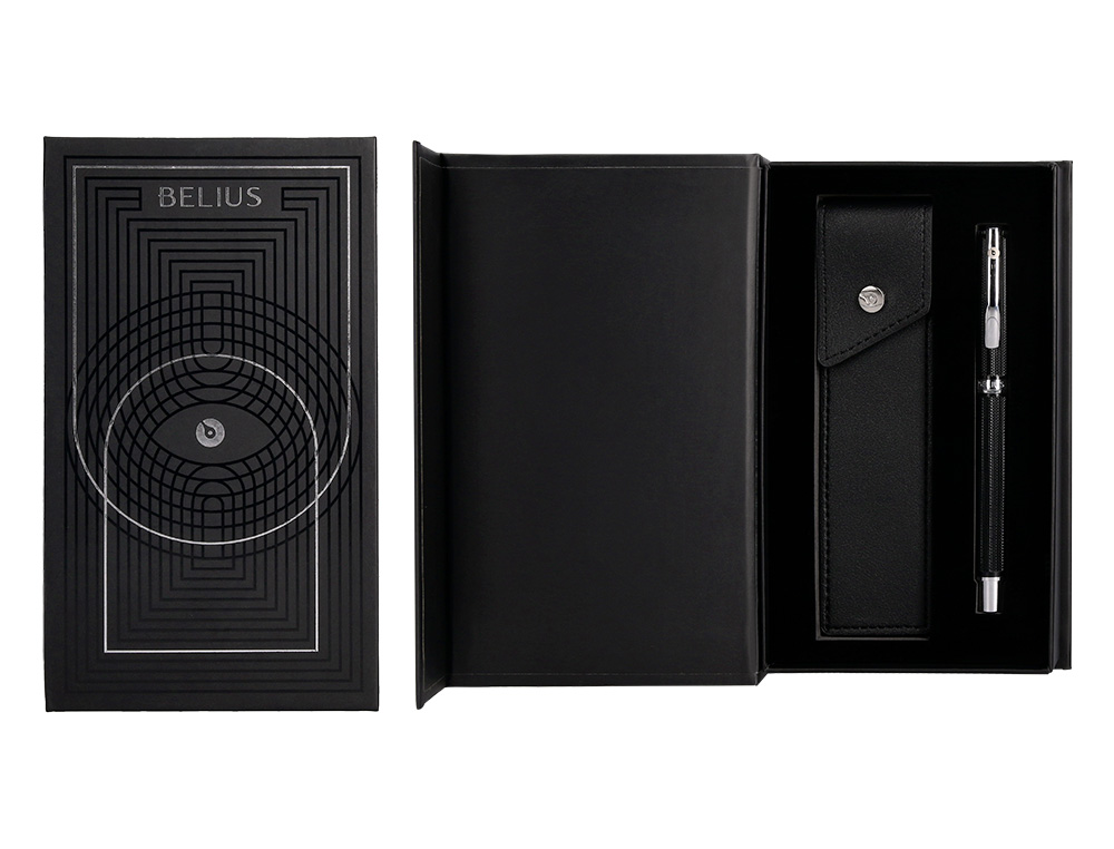 STYLO-BILLE ETUI SIMILI CUIR BELIUS TURBO ALUM. TEXTURE POINTILLEE ATTRIBUTS ARGENT ENCRE BLEUE COL. NOIR COFFRET CADEAU