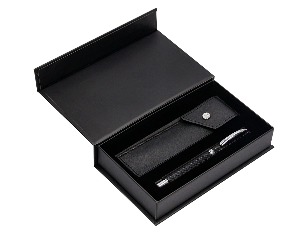 STYLO-BILLE ETUI SIMILI CUIR BELIUS TURBO ALUM. TEXTURE POINTILLEE ATTRIBUTS ARGENT ENCRE BLEUE COL. NOIR COFFRET CADEAU