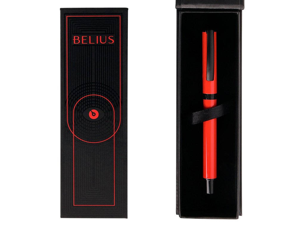 ROLLER BELIUS TURBO ALUMINIUM TEXTURE POINTILLEE ATTRIBUTS NOIR ENCRE BLEUE COLORIS ROUGE DANS COFFRET CADEAU