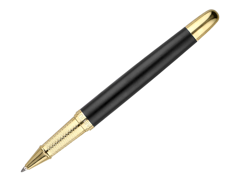 STYLO-BILLE ET ETUI SIMILI CUIR BELIUS SOIREE ALUMINIUM DETAILS ET ATTRIBUTS OR ENCRE BLEUE COLORIS NOIR COFFRET CADEAU