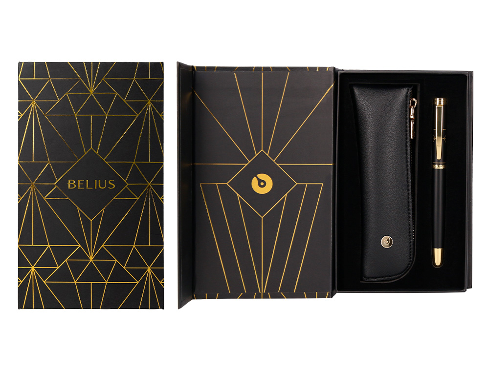 STYLO-BILLE ET ETUI SIMILI CUIR BELIUS SOIREE ALUMINIUM DETAILS ET ATTRIBUTS OR ENCRE BLEUE COLORIS NOIR COFFRET CADEAU