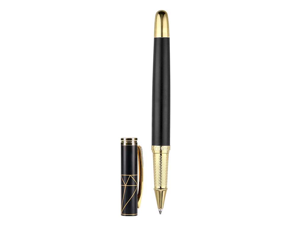 STYLO-BILLE ET ETUI SIMILI CUIR BELIUS SOIREE ALUMINIUM DETAILS ET ATTRIBUTS OR ENCRE BLEUE COLORIS NOIR COFFRET CADEAU