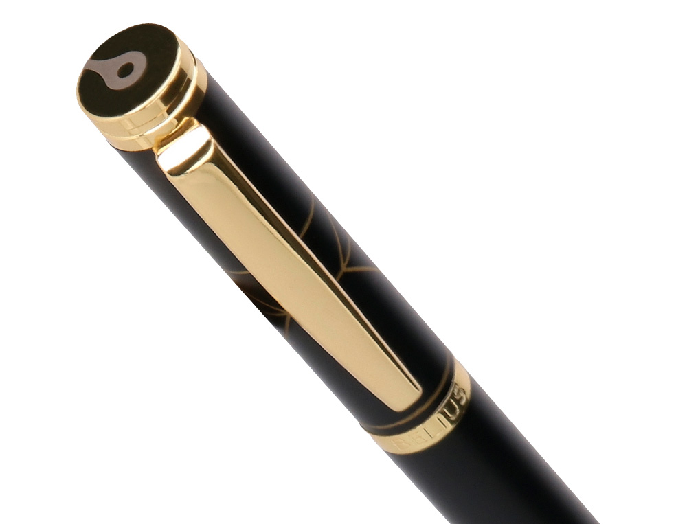 STYLO-BILLE ET ETUI SIMILI CUIR BELIUS SOIREE ALUMINIUM DETAILS ET ATTRIBUTS OR ENCRE BLEUE COLORIS NOIR COFFRET CADEAU
