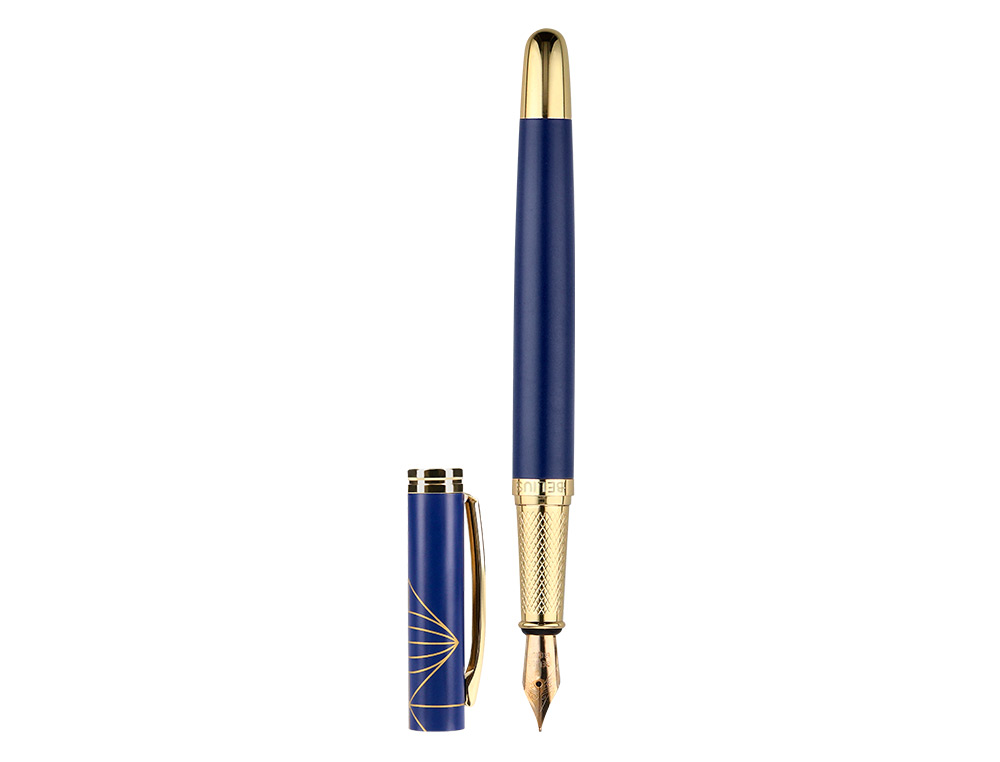 STYLO-PLUME BELIUS SOIREE ALUMINIUM DETAILS ET ATTRIBUTS OR ENCRE BLEUE COLORIS BLEU MARINE DANS COFFRET CADEAU