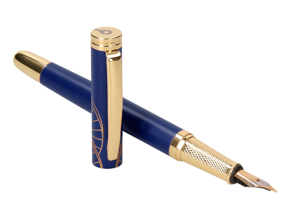 STYLO-PLUME BELIUS SOIREE ALUMINIUM DETAILS ET ATTRIBUTS OR ENCRE BLEUE COLORIS BLEU MARINE DANS COFFRET CADEAU
