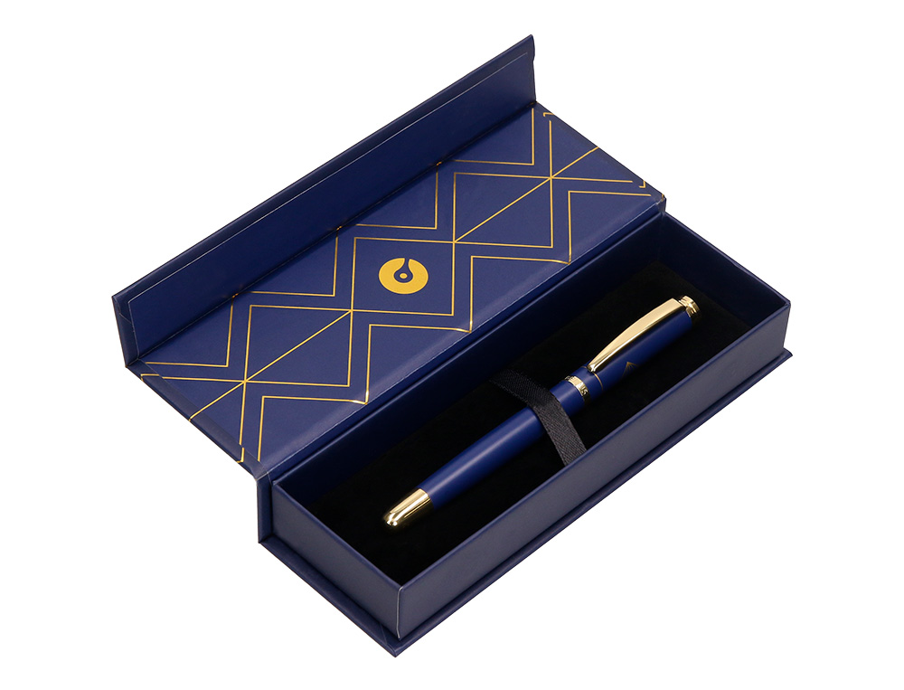 STYLO-BILLE BELIUS SOIREE ALUMINIUM DETAILS ET ATTRIBUTS OR ENCRE BLEUE COLORIS BLEU MARINE DANS COFFRET CADEAU