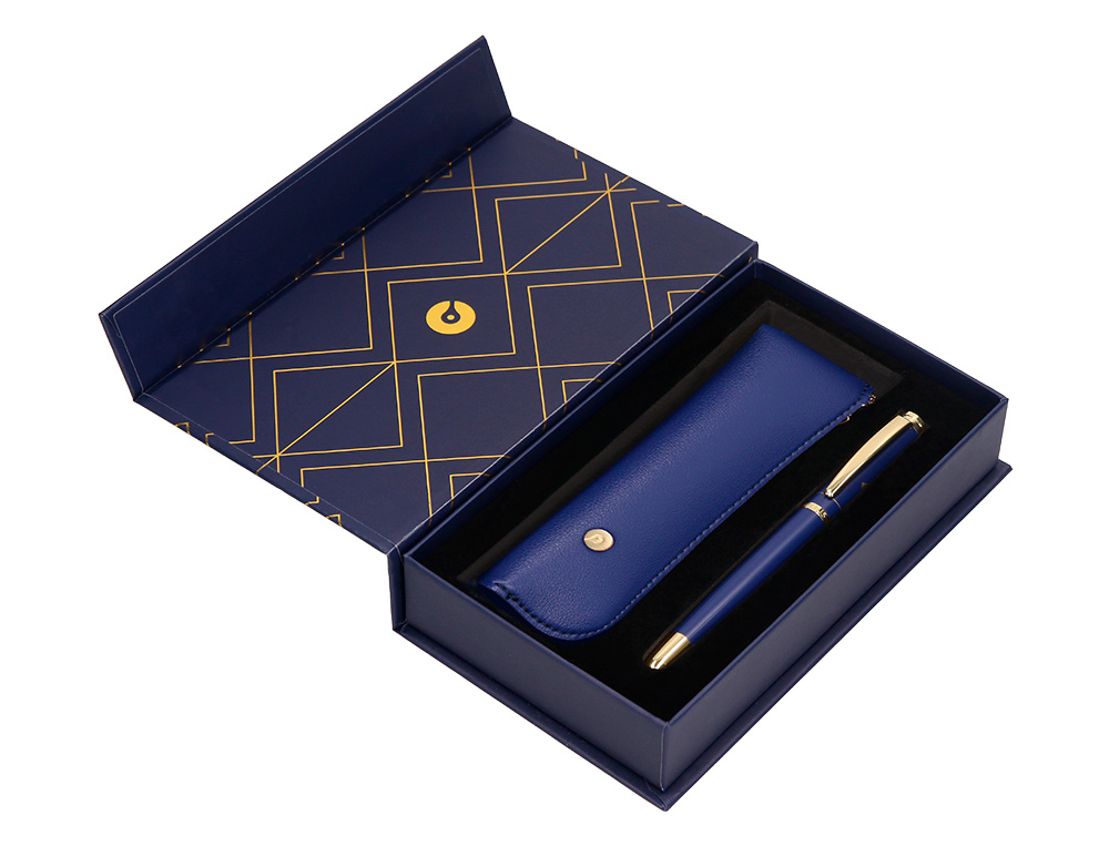 STYLO-BILLE ET ETUI SIMILI CUIR BELIUS SOIREE ALUM. DETAILS ET ATTRIBUTS OR ENCRE BLEUE COL. BLEU MARINE COFFRET CADEAU