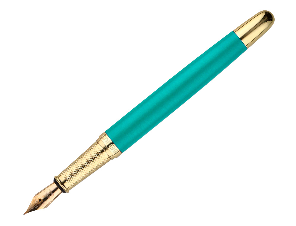 STYLO-PLUME BELIUS SOIREE ALUMINIUM DETAILS ET ATTRIBUTS OR ENCRE BLEUE COLORIS TURQUOISE DANS COFFRET CADEAU