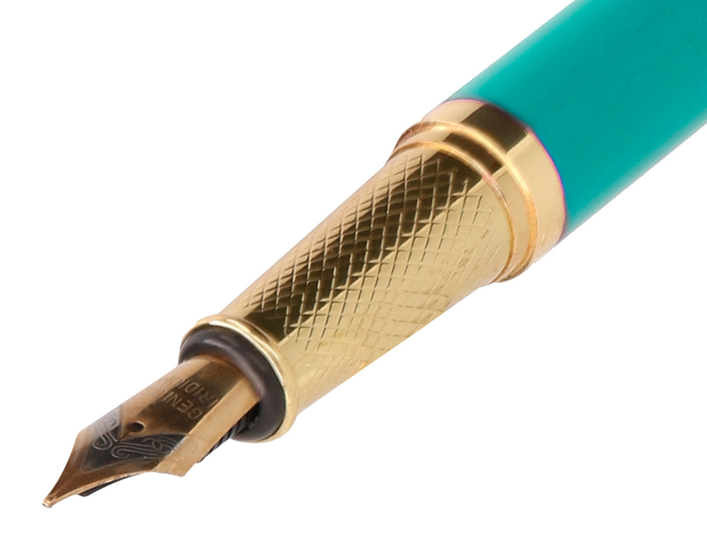 STYLO-PLUME BELIUS SOIREE ALUMINIUM DETAILS ET ATTRIBUTS OR ENCRE BLEUE COLORIS TURQUOISE DANS COFFRET CADEAU