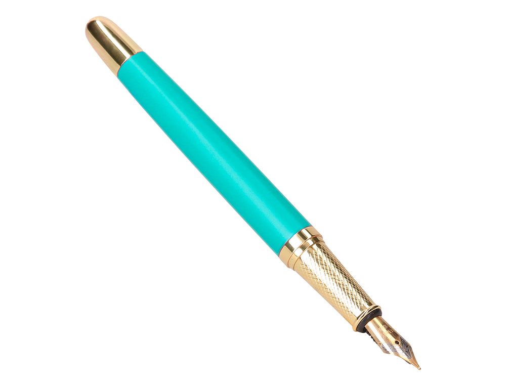 STYLO-PLUME BELIUS SOIREE ALUMINIUM DETAILS ET ATTRIBUTS OR ENCRE BLEUE COLORIS TURQUOISE DANS COFFRET CADEAU