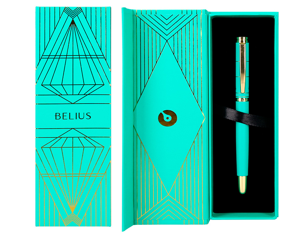 STYLO-PLUME BELIUS SOIREE ALUMINIUM DETAILS ET ATTRIBUTS OR ENCRE BLEUE COLORIS TURQUOISE DANS COFFRET CADEAU