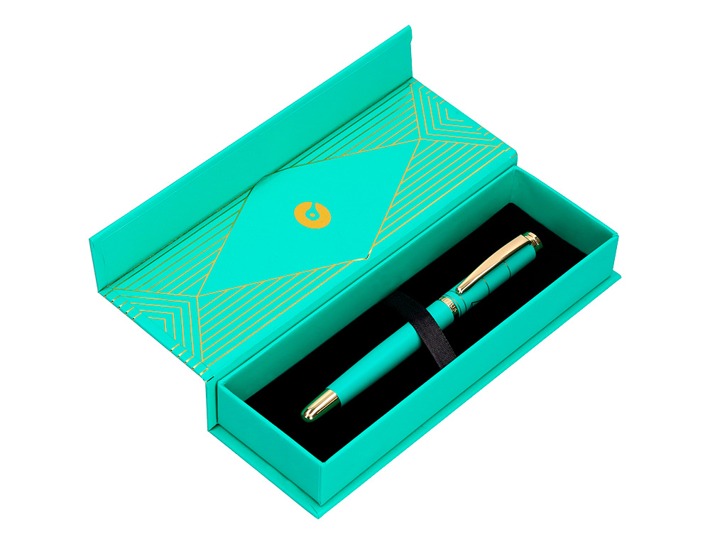 STYLO-PLUME BELIUS SOIREE ALUMINIUM DETAILS ET ATTRIBUTS OR ENCRE BLEUE COLORIS TURQUOISE DANS COFFRET CADEAU