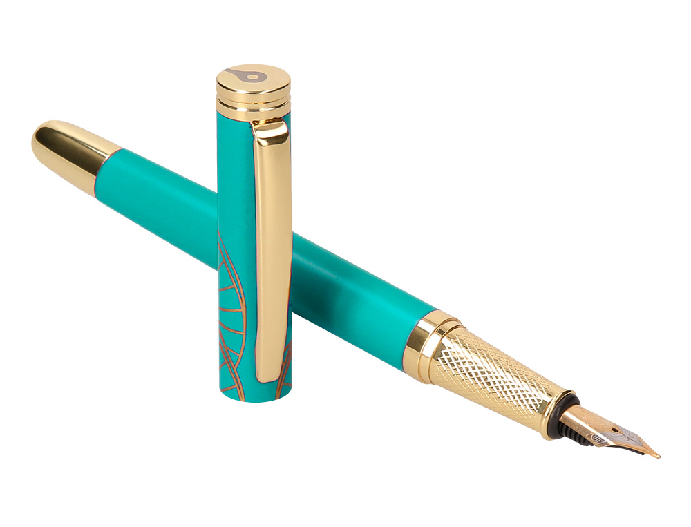 STYLO-PLUME BELIUS SOIREE ALUMINIUM DETAILS ET ATTRIBUTS OR ENCRE BLEUE COLORIS TURQUOISE DANS COFFRET CADEAU