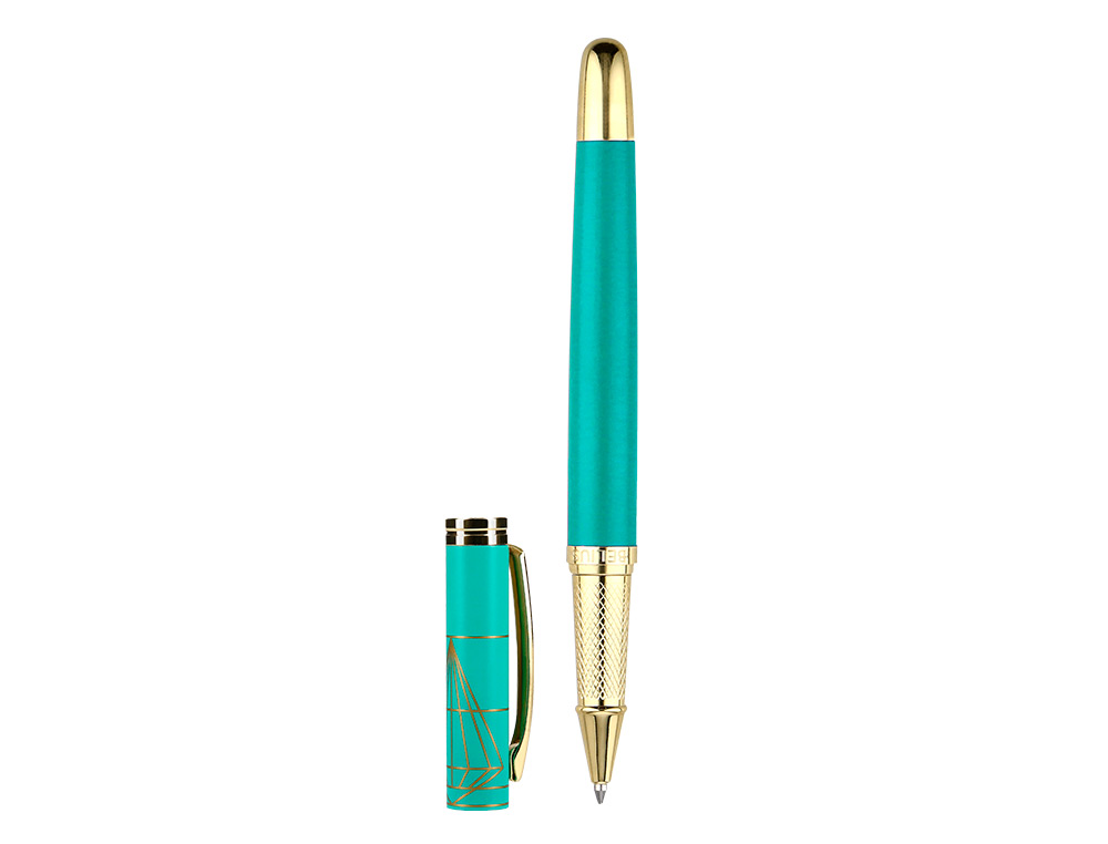 STYLO-BILLE ET ETUI SIMILI CUIR BELIUS SOIREE ALUM. DETAILS ET ATTRIBUTS OR ENCRE BLEUE COLORIS TURQUOISE COFFRET CADEAU
