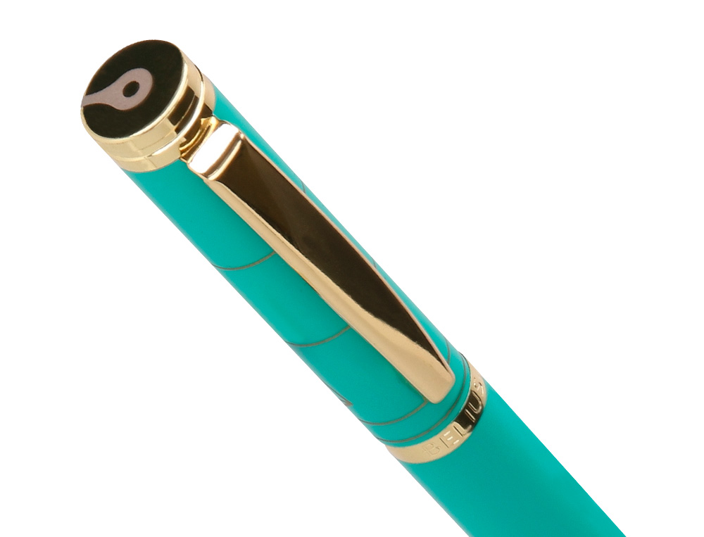 STYLO-BILLE ET ETUI SIMILI CUIR BELIUS SOIREE ALUM. DETAILS ET ATTRIBUTS OR ENCRE BLEUE COLORIS TURQUOISE COFFRET CADEAU