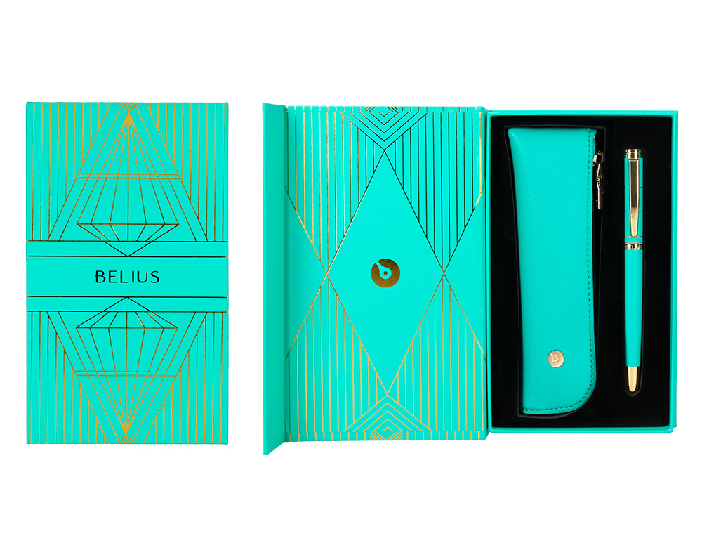 STYLO-BILLE ET ETUI SIMILI CUIR BELIUS SOIREE ALUM. DETAILS ET ATTRIBUTS OR ENCRE BLEUE COLORIS TURQUOISE COFFRET CADEAU