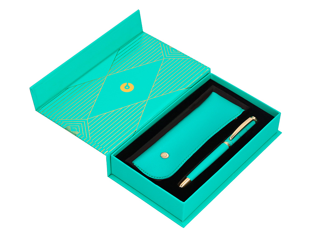STYLO-BILLE ET ETUI SIMILI CUIR BELIUS SOIREE ALUM. DETAILS ET ATTRIBUTS OR ENCRE BLEUE COLORIS TURQUOISE COFFRET CADEAU