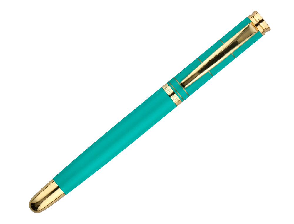 STYLO-BILLE ET ETUI SIMILI CUIR BELIUS SOIREE ALUM. DETAILS ET ATTRIBUTS OR ENCRE BLEUE COLORIS TURQUOISE COFFRET CADEAU