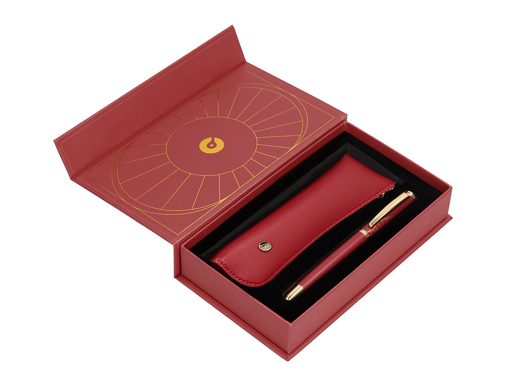 STYLO-PLUME ET ETUI SIMILI CUIR BELIUS SOIREE ALUM. DETAILS ET ATTRIBUTS OR ENCRE BLEUE COLORIS BORDEAUX COFFRET CADEAU