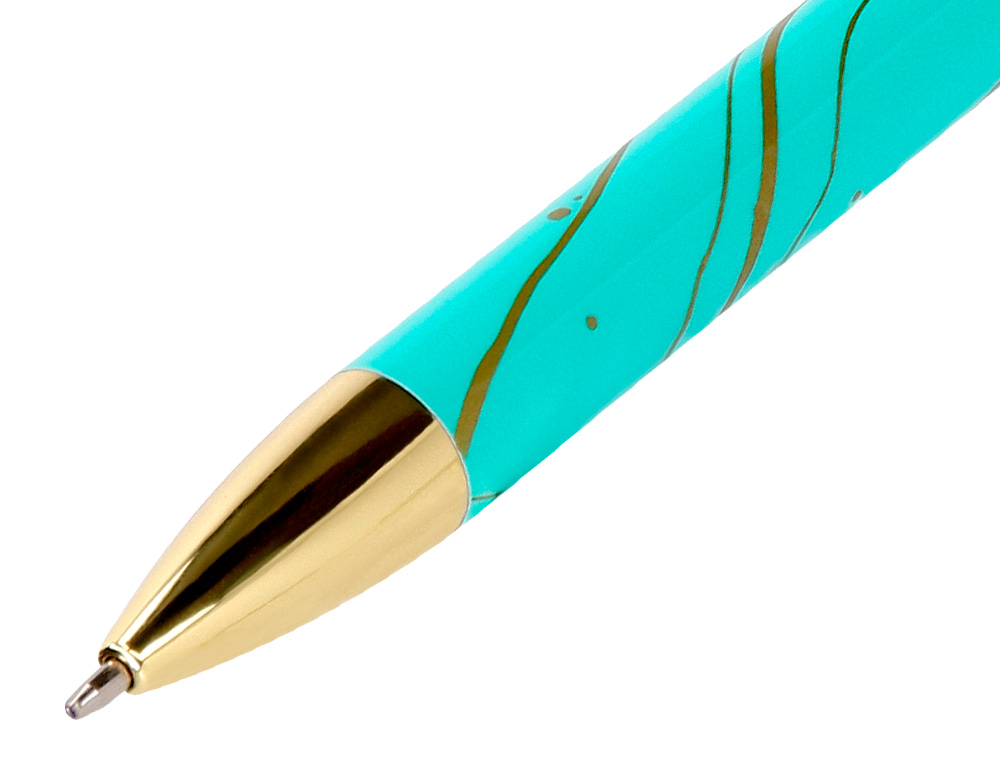 STYLO-BILLE BELIUS AQUA ALUMINIUM DETAILS ET ATTRIBUTS OR ENCRE BLEUE COLORIS TURQUOISE DANS COFFRET CADEAU