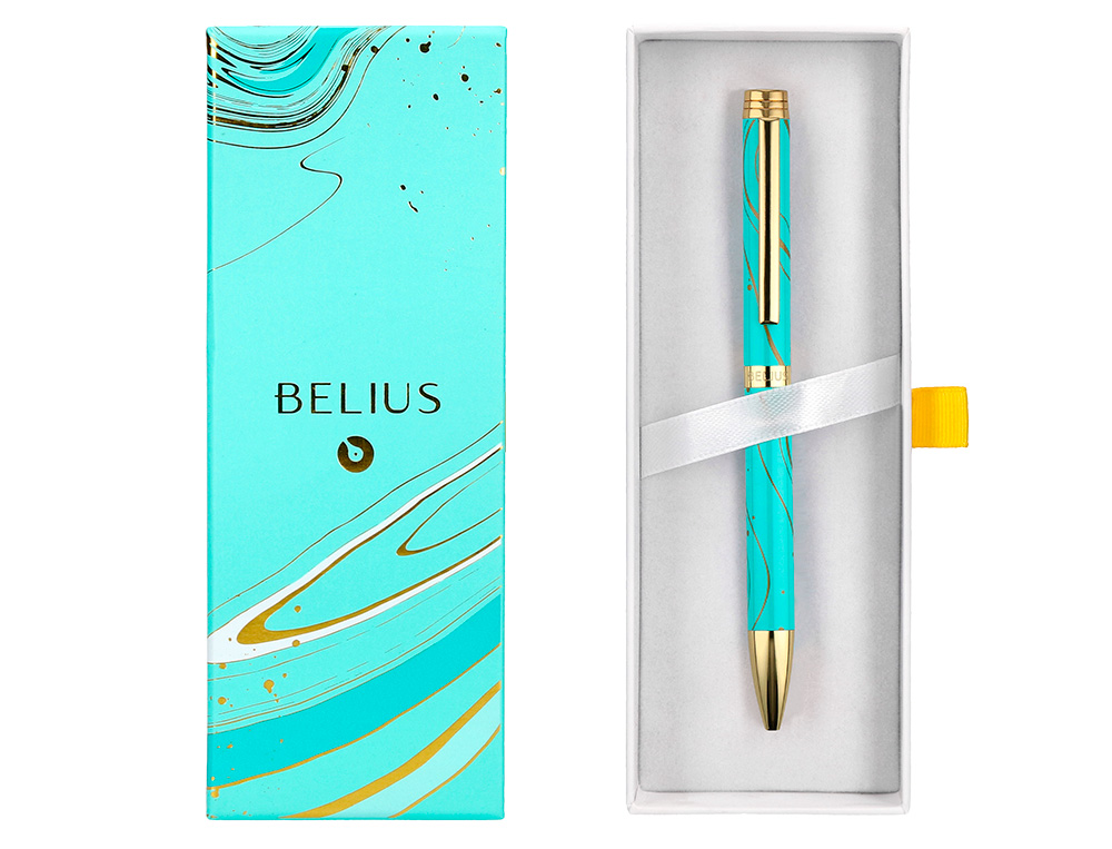 STYLO-BILLE BELIUS AQUA ALUMINIUM DETAILS ET ATTRIBUTS OR ENCRE BLEUE COLORIS TURQUOISE DANS COFFRET CADEAU