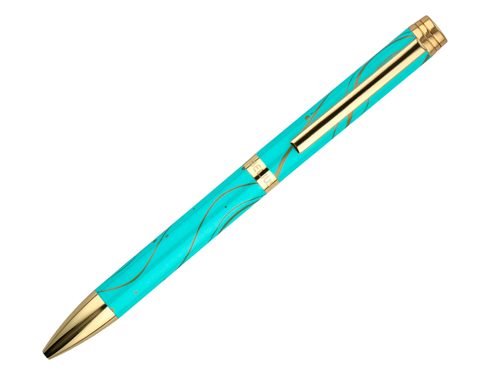 STYLO-BILLE BELIUS AQUA ALUMINIUM DETAILS ET ATTRIBUTS OR ENCRE BLEUE COLORIS TURQUOISE DANS COFFRET CADEAU