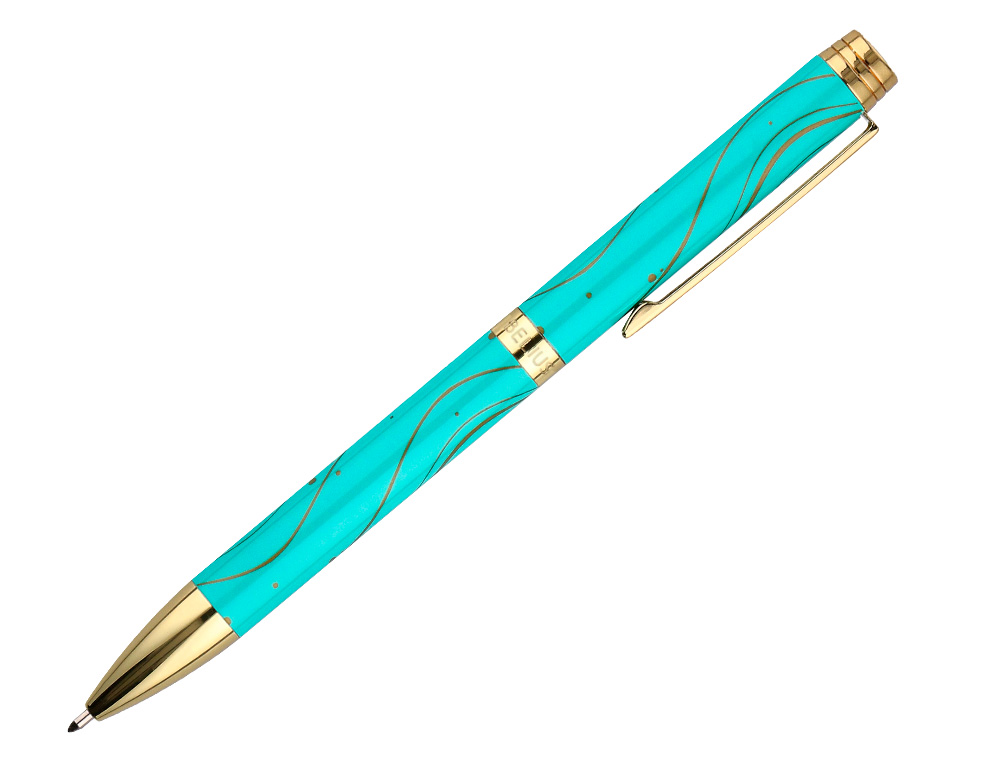 STYLO-BILLE BELIUS AQUA ALUMINIUM DETAILS ET ATTRIBUTS OR ENCRE BLEUE COLORIS TURQUOISE DANS COFFRET CADEAU