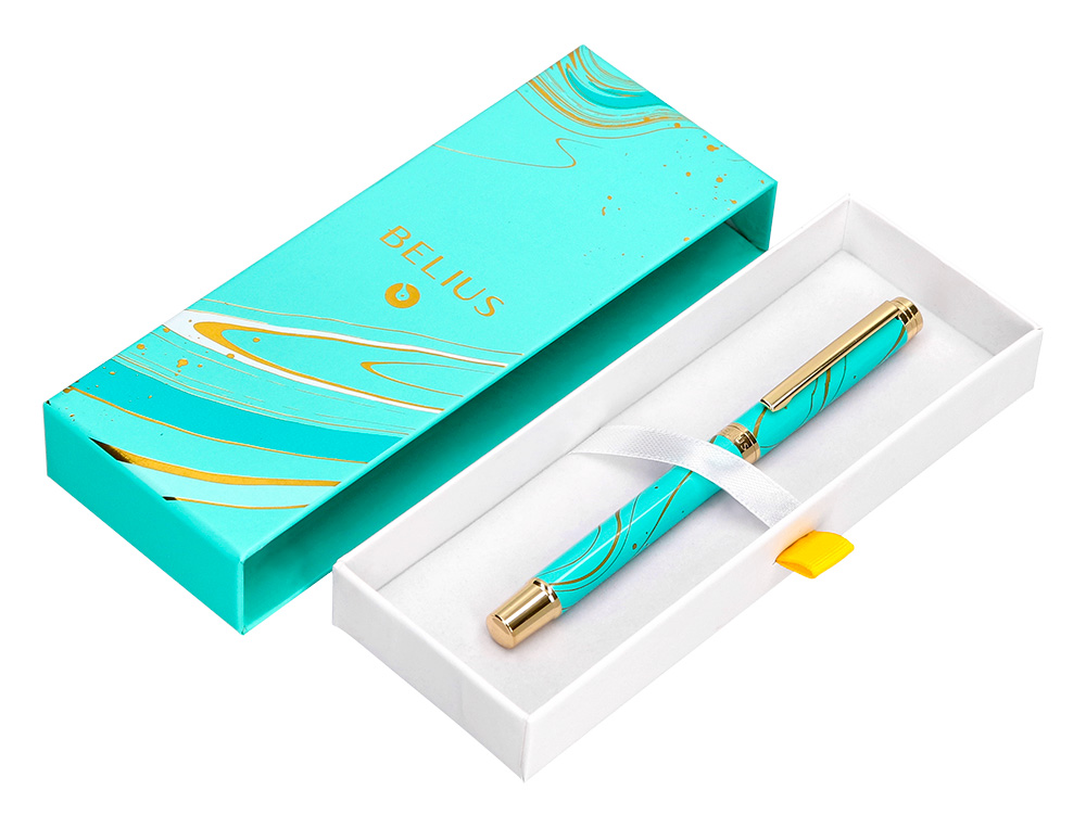 ROLLER BELIUS AQUA ALUMINIUM DETAILS ET ATTRIBUTS OR ENCRE NOIRE COLORIS TURQUOISE DANS  COFFRET CADEAU