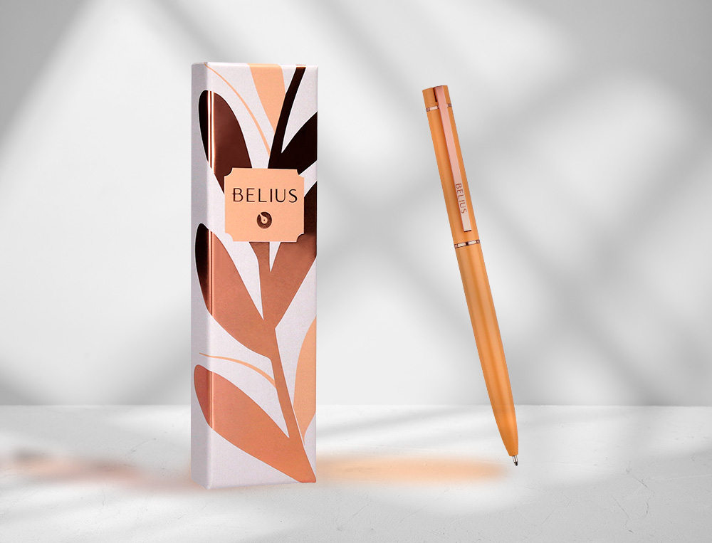 STYLO-BILLE BELIUS ROSE ALUMINIUM DETAILS ET ATTRIBUTS OR ROSE ENCRE BLEUE COLORIS ORANGE DANS COFFRET CADEAU