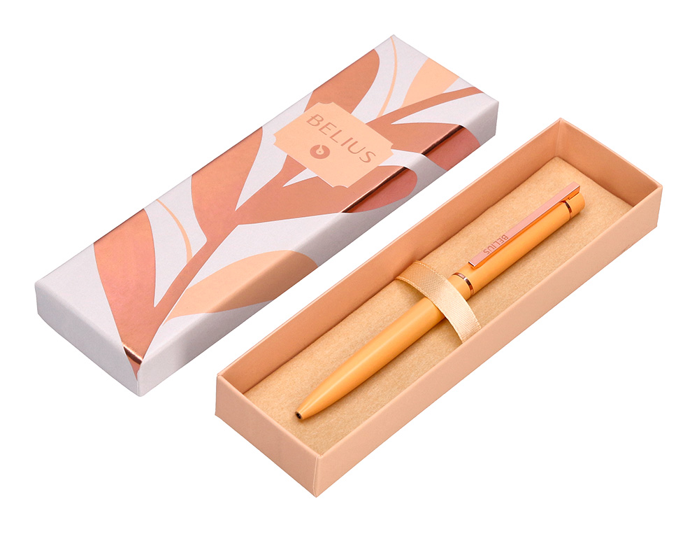 STYLO-BILLE BELIUS ROSE ALUMINIUM DETAILS ET ATTRIBUTS OR ROSE ENCRE BLEUE COLORIS ORANGE DANS COFFRET CADEAU