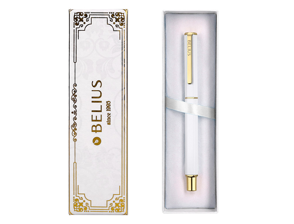 STYLO-BILLE BELIUS MACARON BLISS HEXAGONAL ALUMINIUM DETAILS ET ATTRIBUTS OR ENCRE BLEUE COLORIS BLANC COFFRET CADEAU