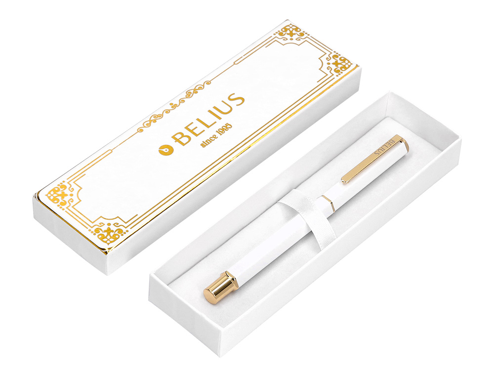 STYLO-BILLE BELIUS MACARON BLISS HEXAGONAL ALUMINIUM DETAILS ET ATTRIBUTS OR ENCRE BLEUE COLORIS BLANC COFFRET CADEAU