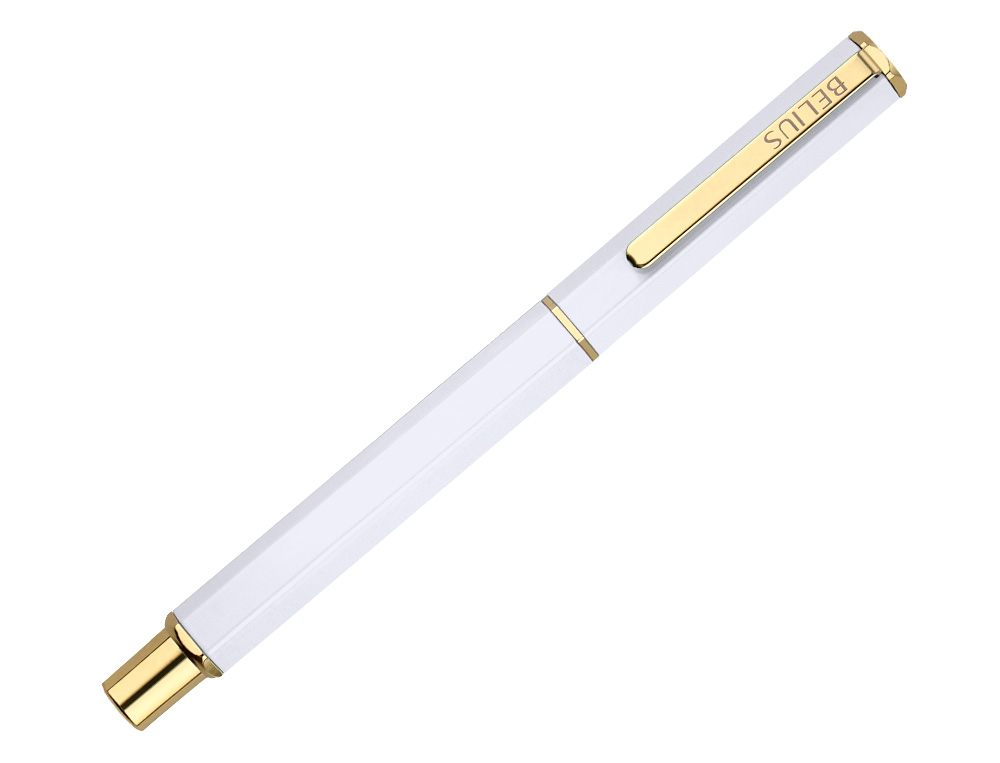STYLO-BILLE BELIUS MACARON BLISS HEXAGONAL ALUMINIUM DETAILS ET ATTRIBUTS OR ENCRE BLEUE COLORIS BLANC COFFRET CADEAU