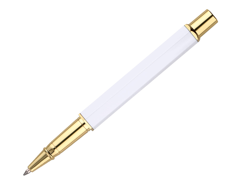 STYLO-BILLE BELIUS MACARON BLISS HEXAGONAL ALUMINIUM DETAILS ET ATTRIBUTS OR ENCRE BLEUE COLORIS BLANC COFFRET CADEAU