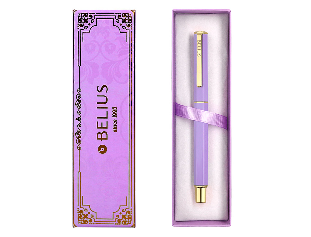 STYLO-BILLE BELIUS MACARON BLISS HEXAGONAL ALUMINIUM DETAILS ET ATTRIBUTS OR ENCRE BLEUE COLORIS MAUVE COFFRET CADEAU