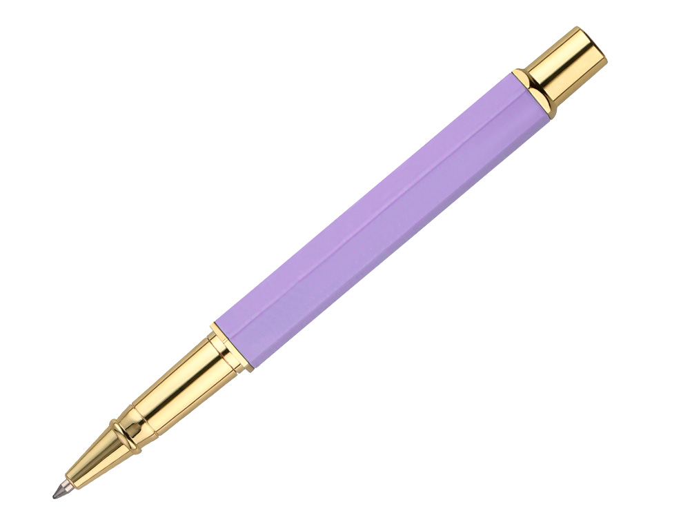 STYLO-BILLE BELIUS MACARON BLISS HEXAGONAL ALUMINIUM DETAILS ET ATTRIBUTS OR ENCRE BLEUE COLORIS MAUVE COFFRET CADEAU