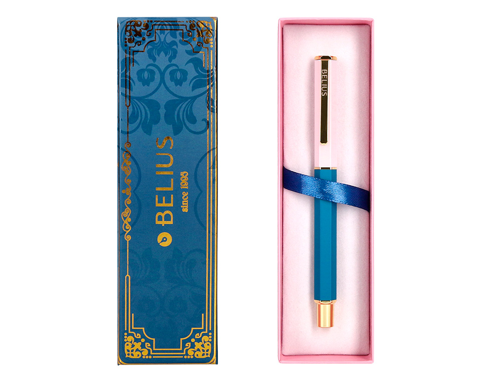 STYLO-BILLE BELIUS MACARON BLISS HEXAGONAL ALUMINIUM DETAILS ET ATTRIBUTS OR ENCRE BLEUE COL. BLEU/ROSE COFFRET CADEAU