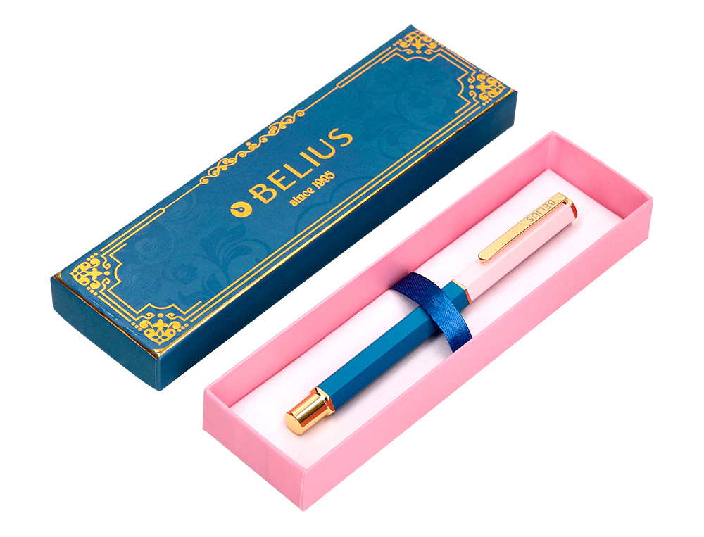 STYLO-BILLE BELIUS MACARON BLISS HEXAGONAL ALUMINIUM DETAILS ET ATTRIBUTS OR ENCRE BLEUE COL. BLEU/ROSE COFFRET CADEAU