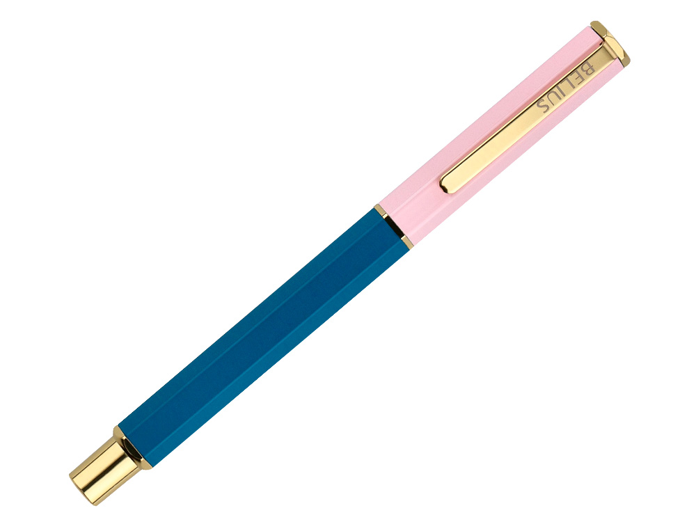 STYLO-BILLE BELIUS MACARON BLISS HEXAGONAL ALUMINIUM DETAILS ET ATTRIBUTS OR ENCRE BLEUE COL. BLEU/ROSE COFFRET CADEAU