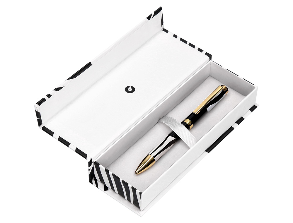 STYLO-BILLE BELIUS B&W ALUMINIUM ATTRIBUTS OR ENCRE  BLEUE COLORIS BLANC ZEBRURES  NOIRES DANS COFFRET CADEAU