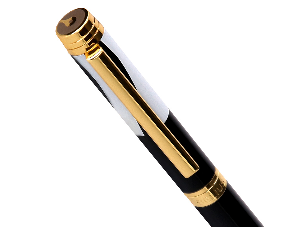 STYLO-BILLE BELIUS B&W ALUMINIUM ATTRIBUTS OR ENCRE  BLEUE COLORIS BLANC ZEBRURES  NOIRES DANS COFFRET CADEAU