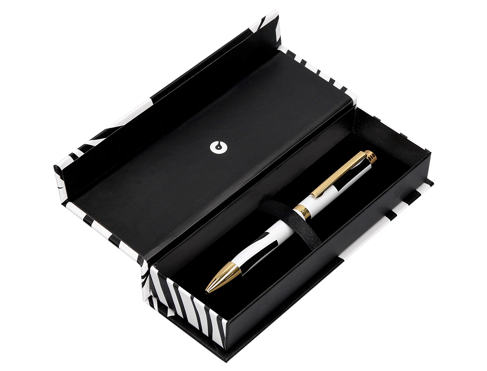 STYLO-BILLE BELIUS B&W ALUMINIUM ATTRIBUTS OR ENCRE  BLEUE COLORIS NOIR ZEBRURES   BLANCHES DANS COFFRET CADEAU
