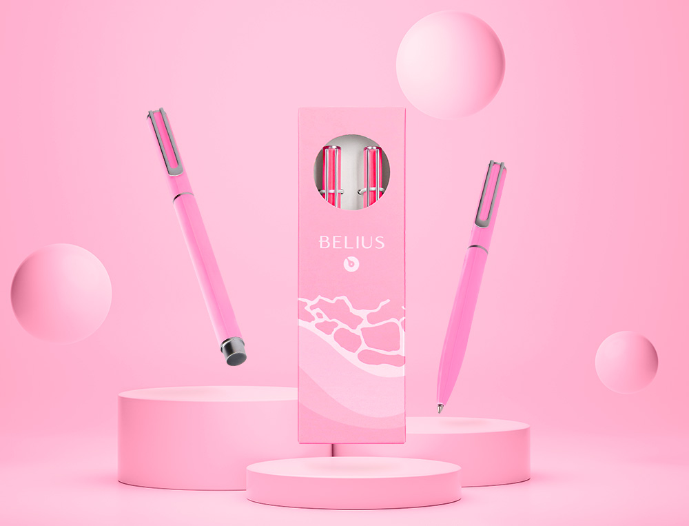 PARURE STYLO-BILLE ET ROLLER BELIUS ENDLESS SUMMER ALUMINIUM ATRIBUTS ARGENT ENCRE BLEUE COLORIS ROSE COFFRET CADEAU