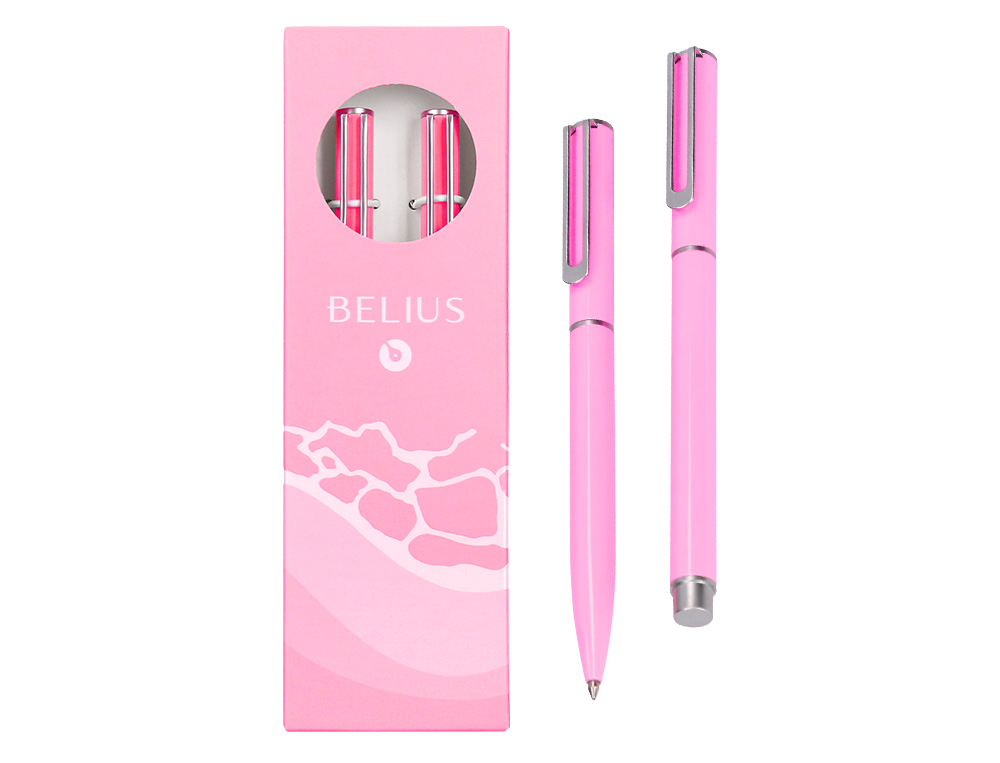 PARURE STYLO-BILLE ET ROLLER BELIUS ENDLESS SUMMER ALUMINIUM ATRIBUTS ARGENT ENCRE BLEUE COLORIS ROSE COFFRET CADEAU