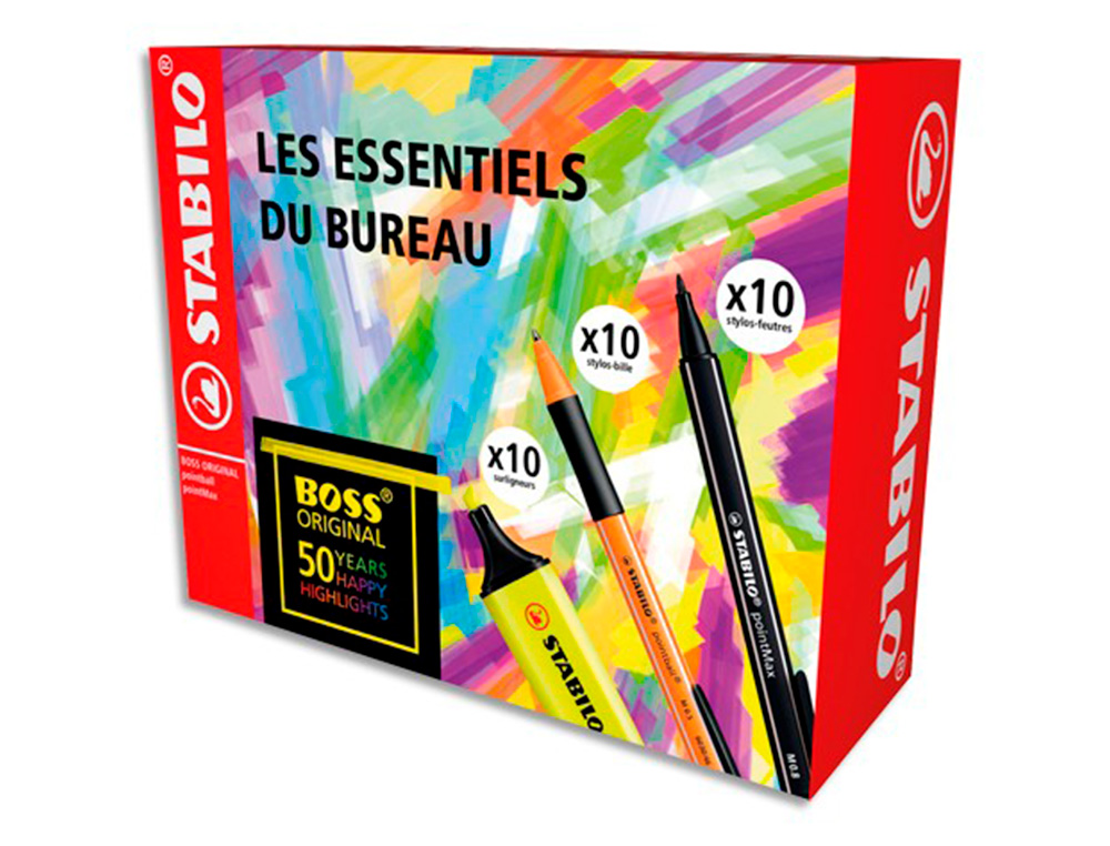 COFFRET COLORIAGE STABILO POWER 30 PIECES: 10 SURLIGNEURS BOSS ORIGINAL JAUNE + 10 STYLO-BILLES