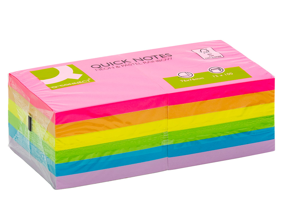 BLOC NOTES Q-CONNECT 76X76MM 100F ADHESIVES REPOSITIONABLES COLORIS FLUO ET PASTEL ASSORTIS PACK 12 UNITES