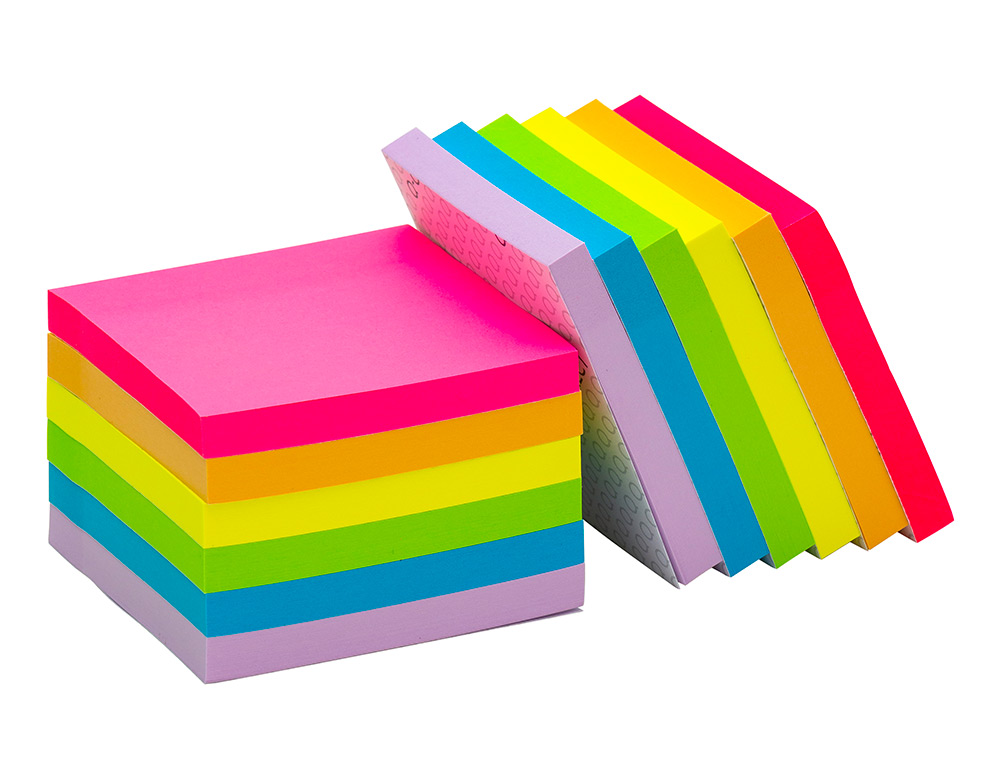 BLOC NOTES Q-CONNECT 76X76MM 100F ADHESIVES REPOSITIONABLES COLORIS FLUO ET PASTEL ASSORTIS PACK 12 UNITES