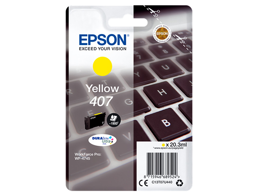 CARTOUCHE  EPSON JET D'ENCRE 407  CLAVIER COULEUR JAUNE    1,9K